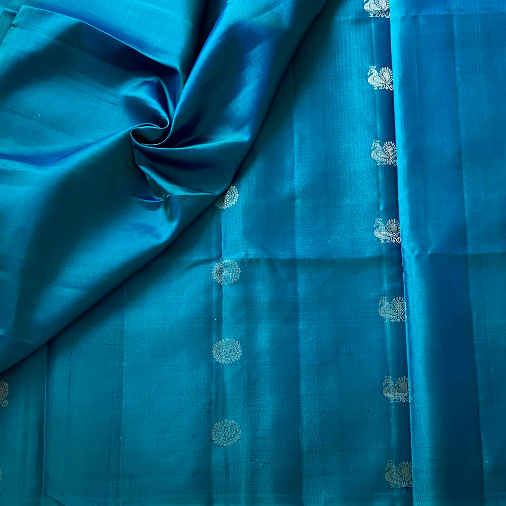 Teal Blue Designer Pure Silk Saree With Antique Gold Jacquard