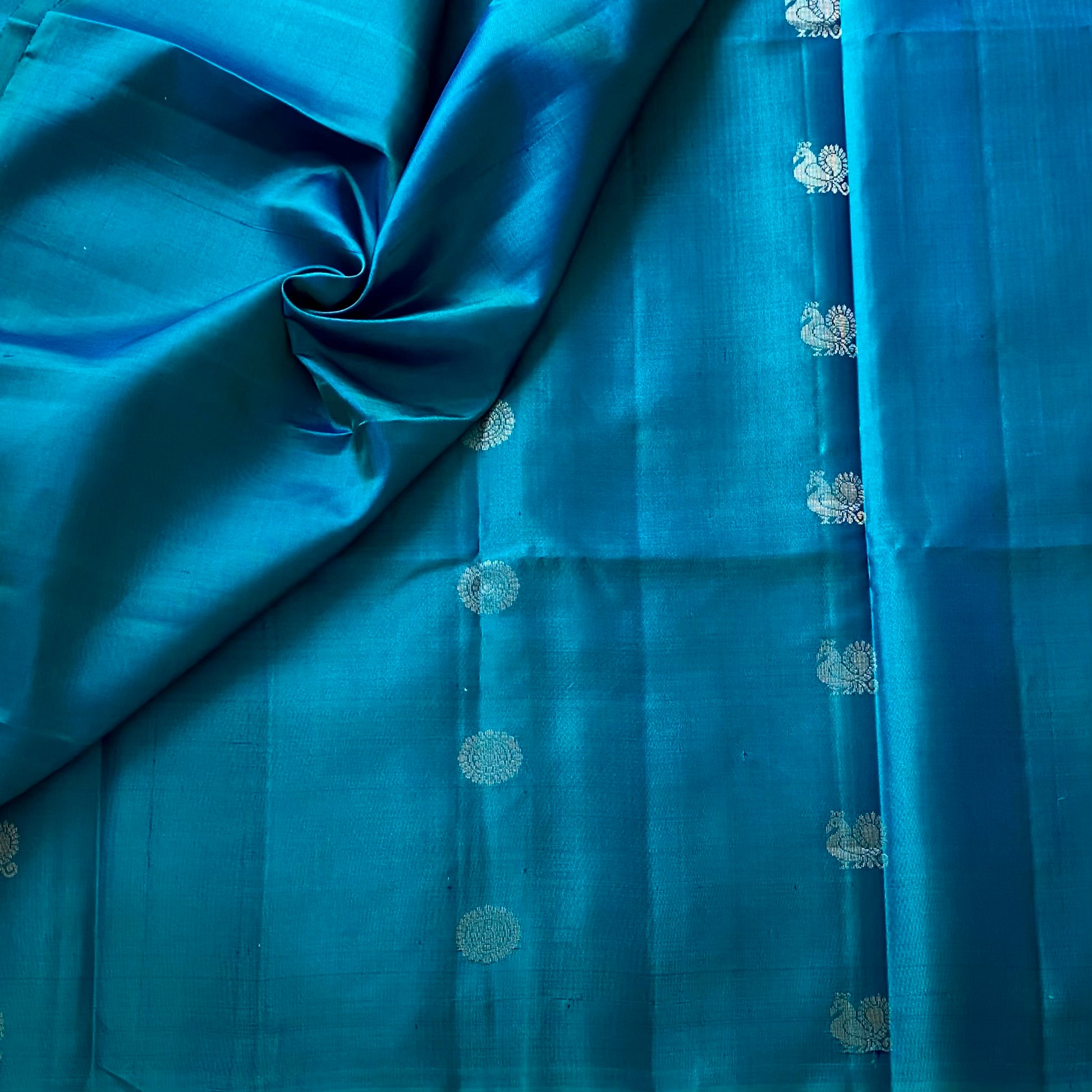 Teal Blue Designer Pure Silk Saree With Antique Gold Jacquard
