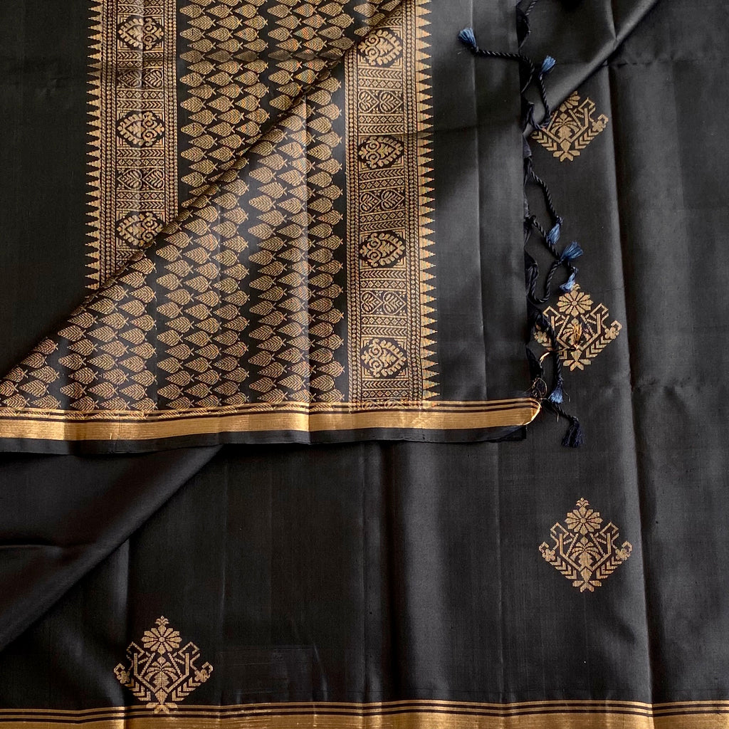 Jet Black Designer Pure Silk Saree With Antique Gold Border And Buta