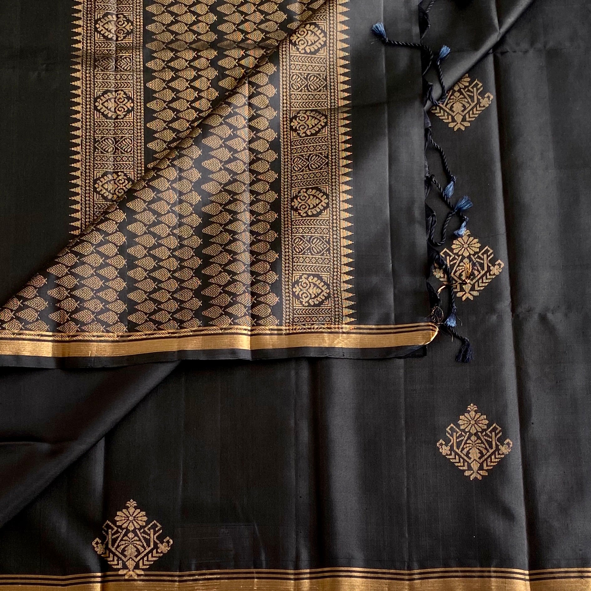 Jet Black Designer Pure Silk Saree With Antique Gold Border And Buta