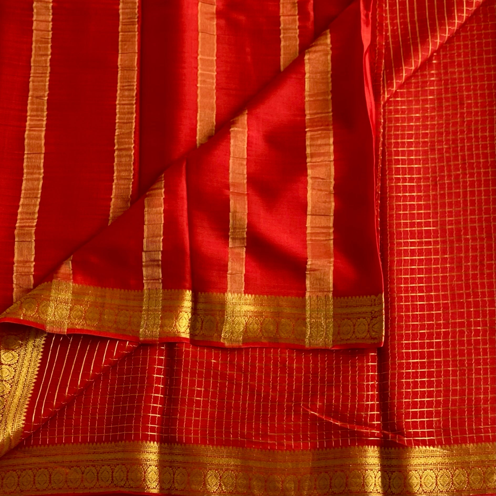 Rosso Red Mysore Crepe Silk Saree With Antique Gold Border