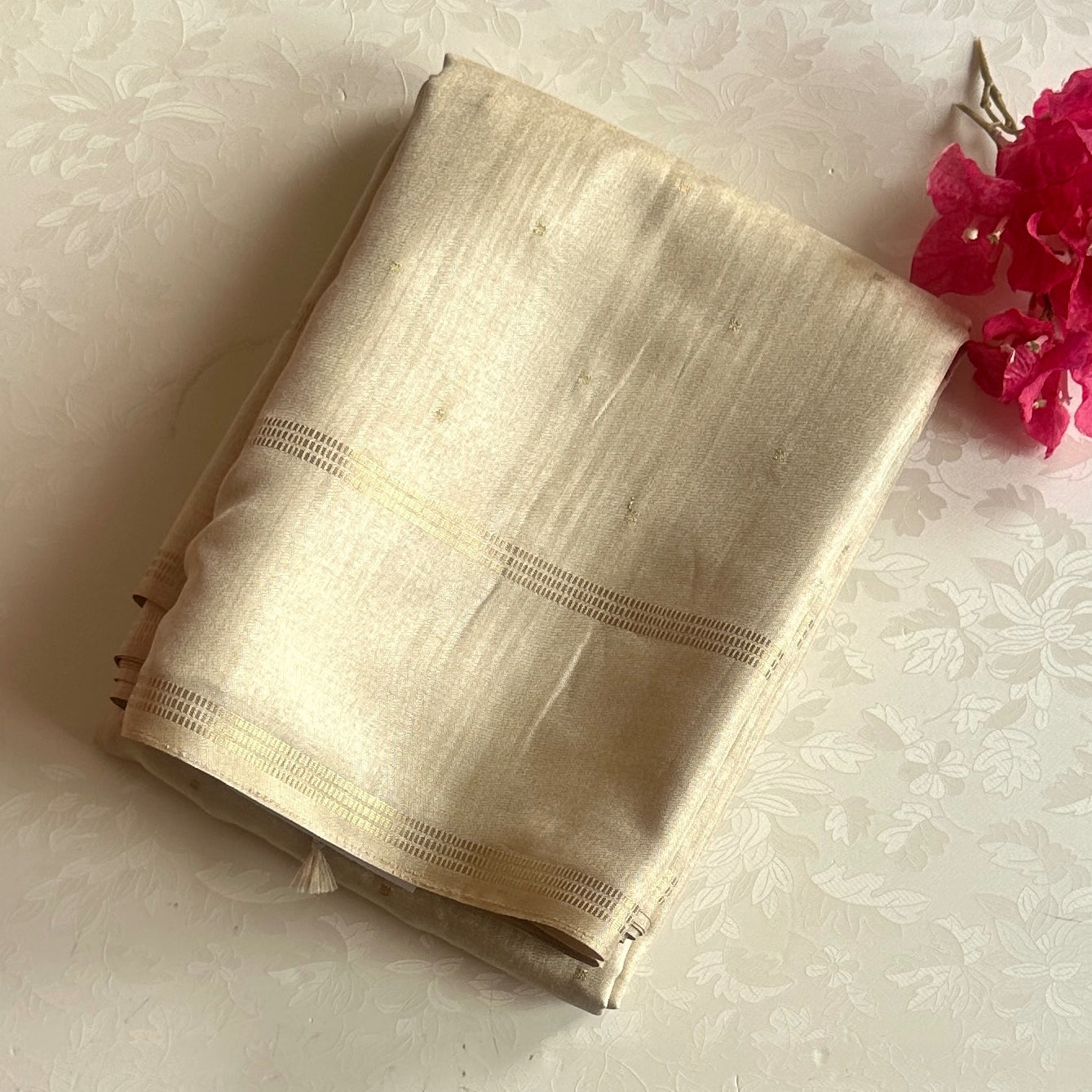 Champagne Beige Saree With Gold Buti And Thin Zari Border