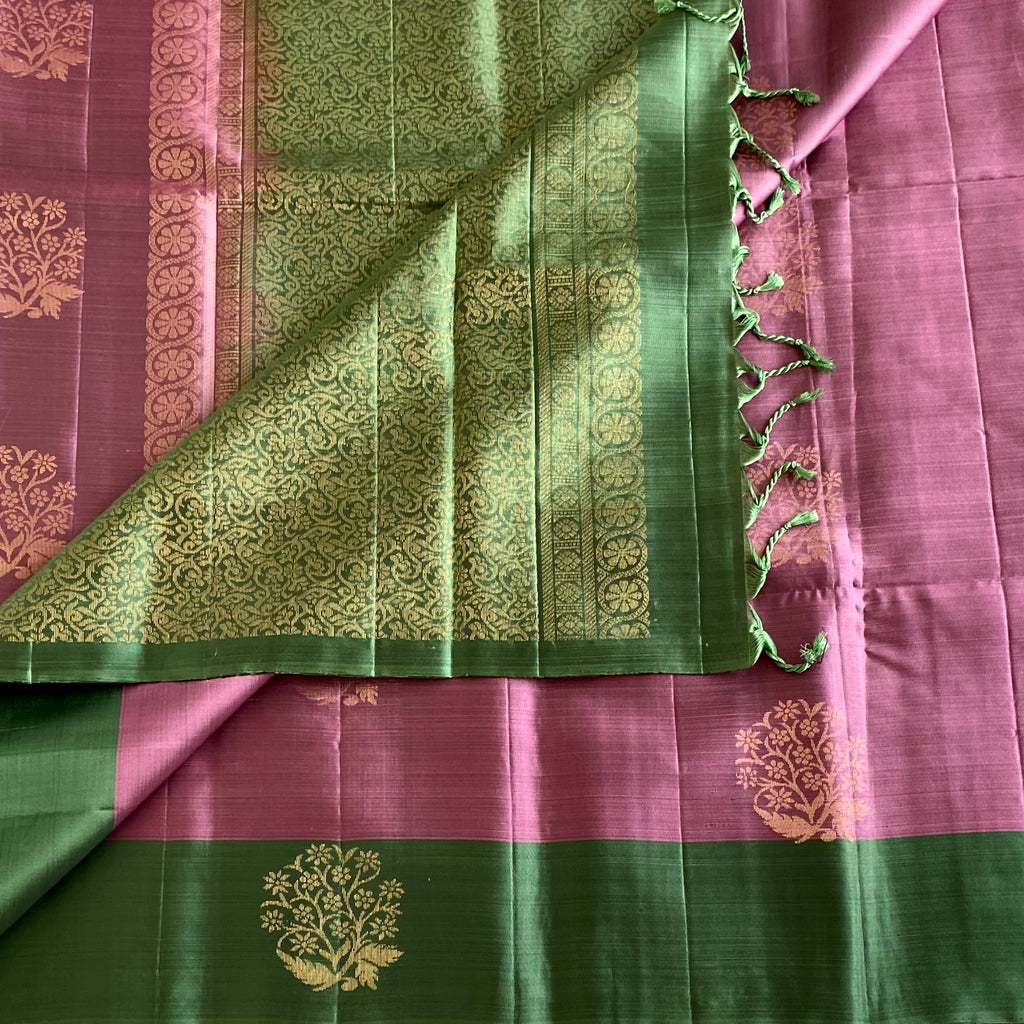 Metallic Onion Pink With Stunner Olive Green Designer Pure Silk