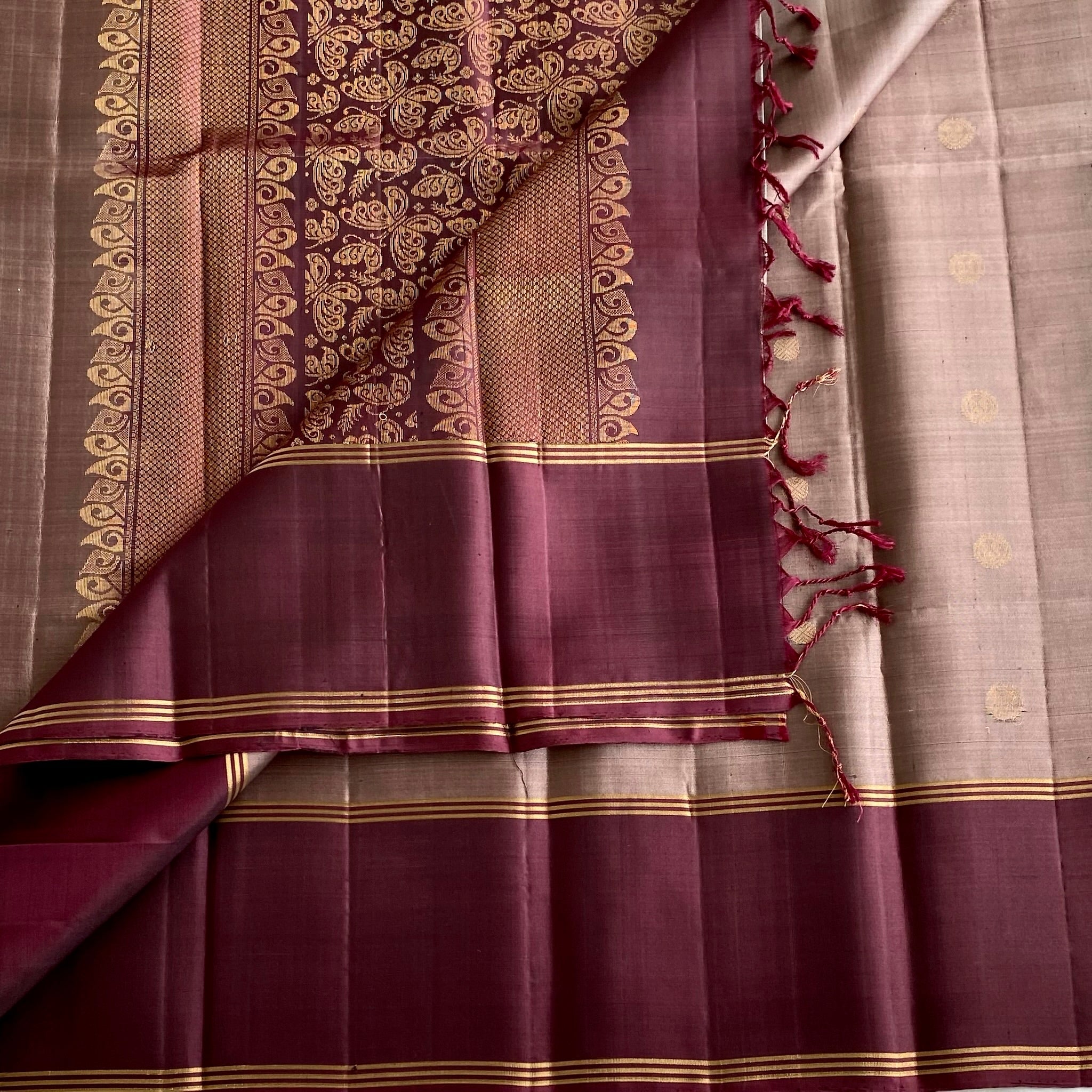 Metallic Taupe Designer Pure Silk Saree With Burgundy Brocade Pallu