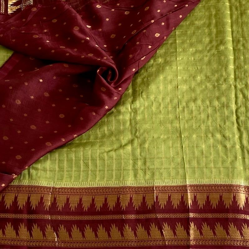 Chartreuse Green Soft Tussar Silk Saree Deep Maroon Pallu Gold Zari