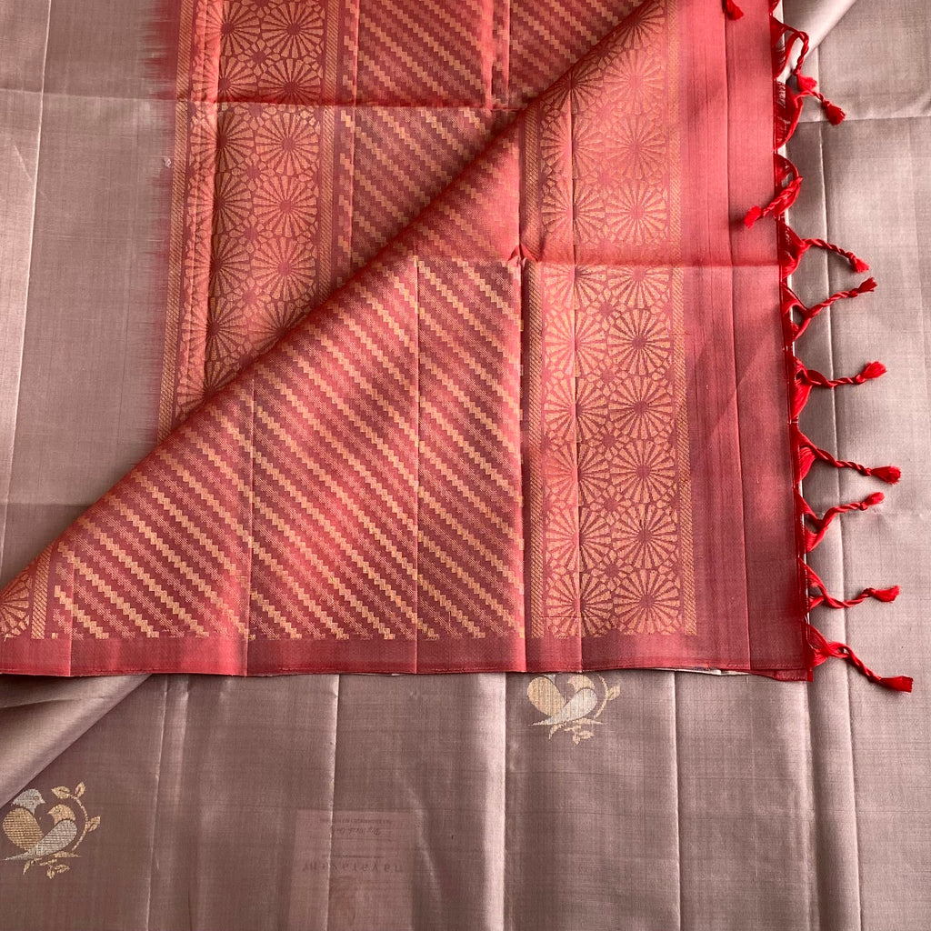 Dusty Mauve Designer Pure Silk Saree With Coral Red Pallu Gold Zari
