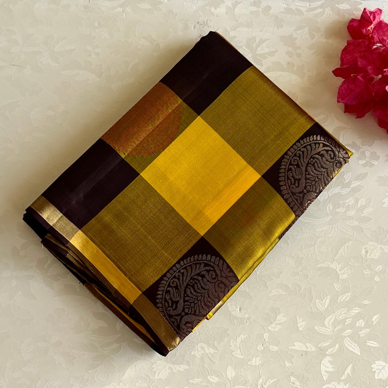 Mustard n Black Checkered Designer Pure Silk With Deep Brown Pallu