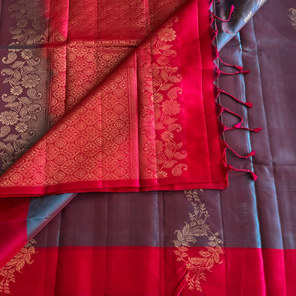 Fuchsia Blue Silk Saree Gold Zari Floral Motif Traditional Elegant