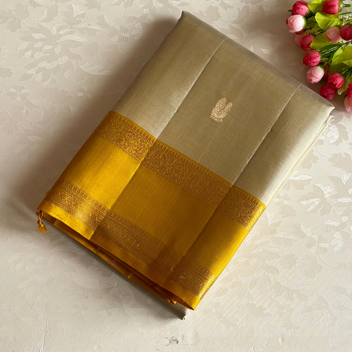 Champagne Beige Designer Pure Silk Saree With Golden Yellow Pallu