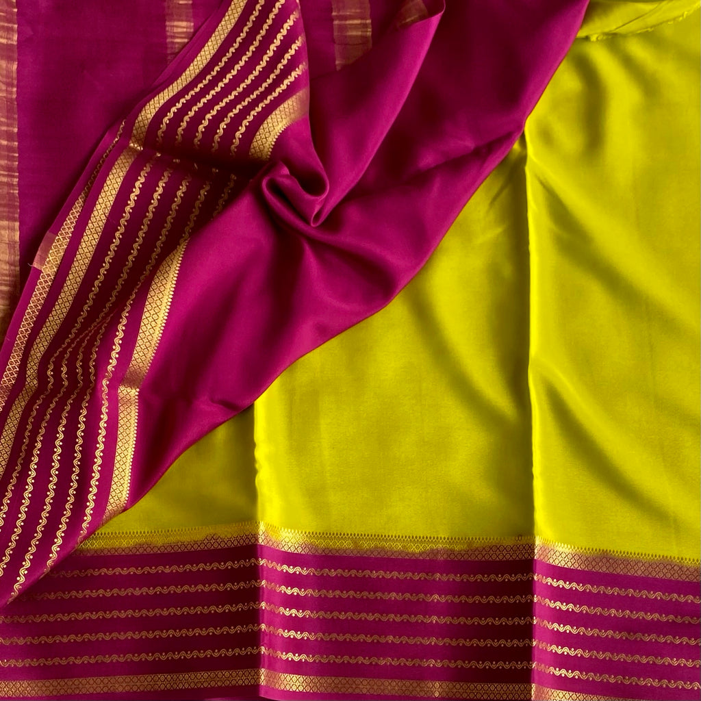 Lime Green Magenta Mysore Crepe Silk Saree With Gold Zari Border
