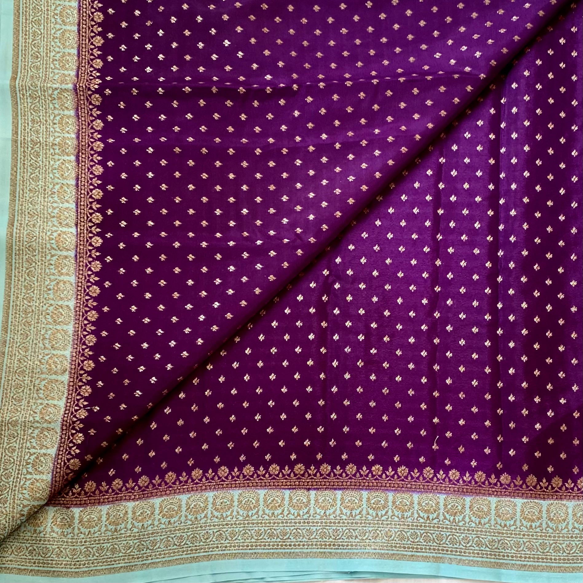 Turquoise Gold Banarasi Silk Saree with Purple Contrast Blouse Piece