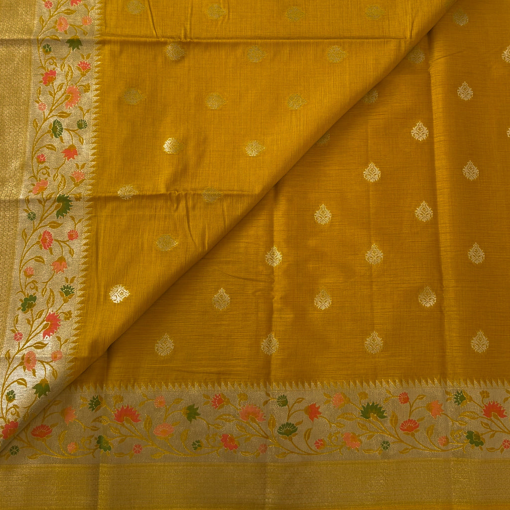 Mustard Gold Floral Woven Saree with Pallu and Tassels Traditional