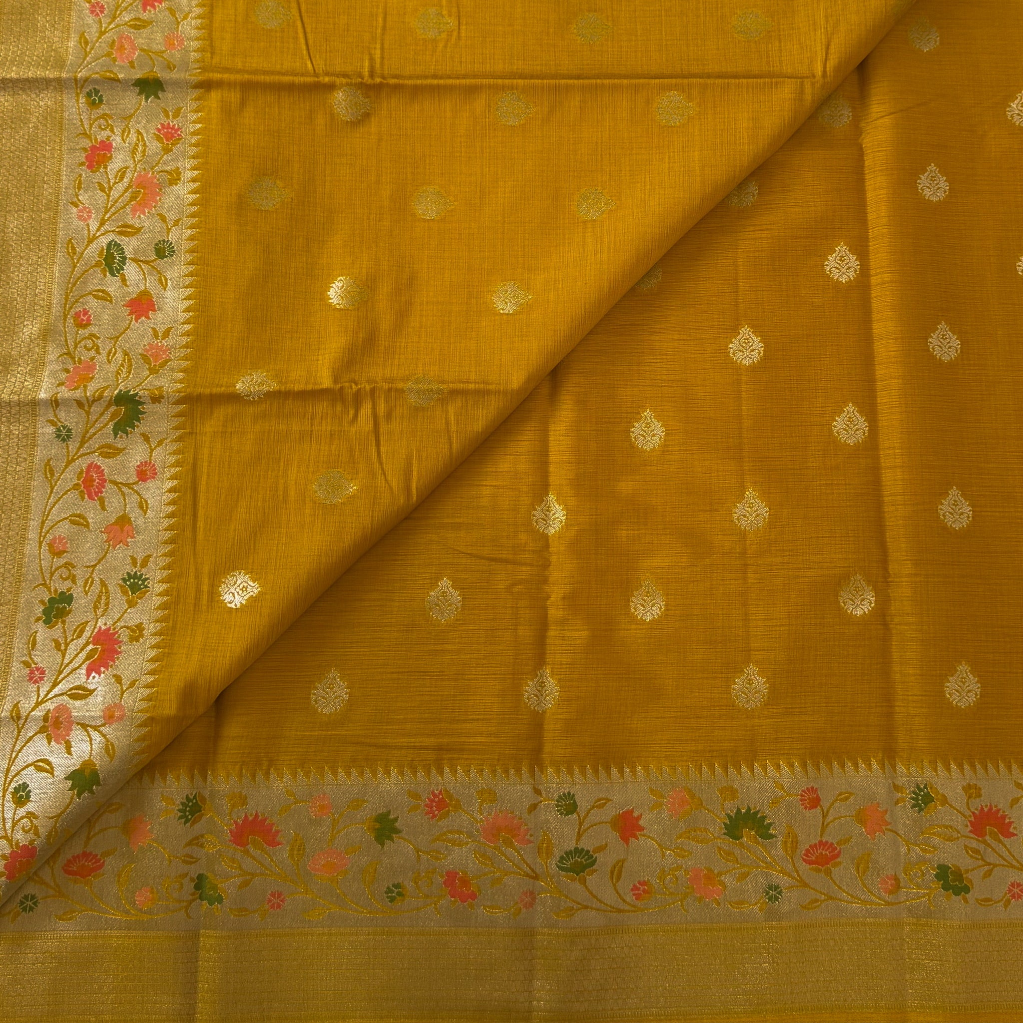 Mustard Gold Floral Woven Saree with Pallu and Tassels Traditional