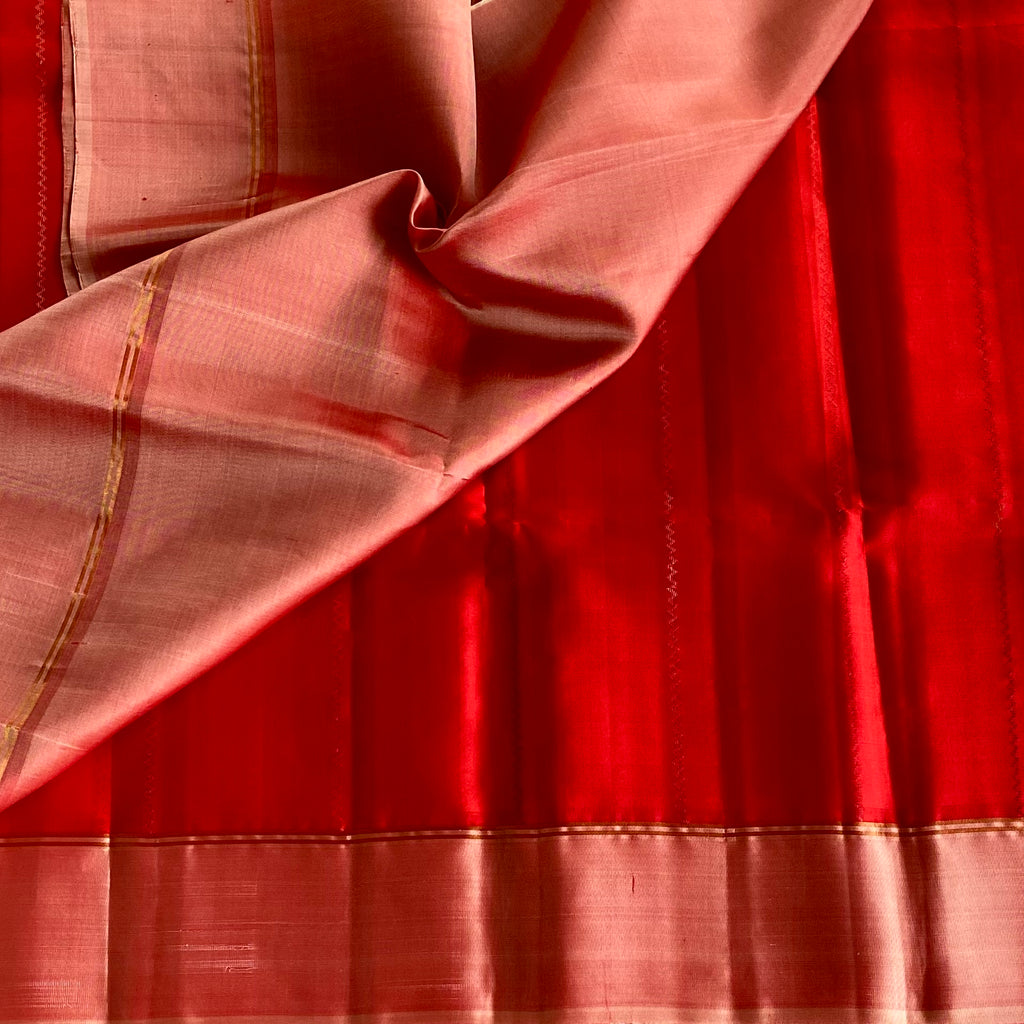 Scarlet Red Designer Pure Silk Saree With Rose Gold Pallu