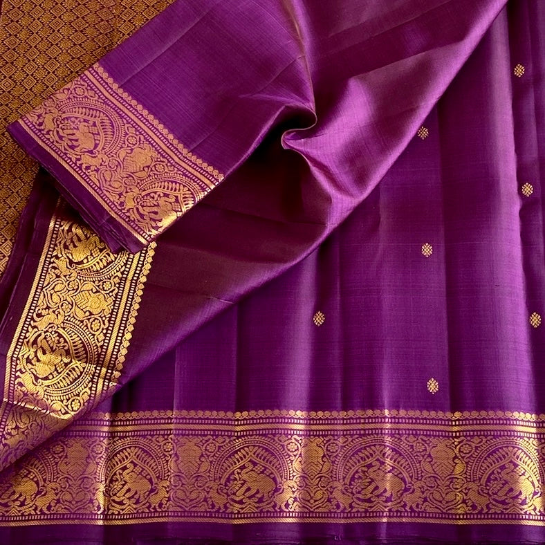 Deep Purple Kanjeevaram Pure Zari Silk Saree With Heritage Elephant Gold Border