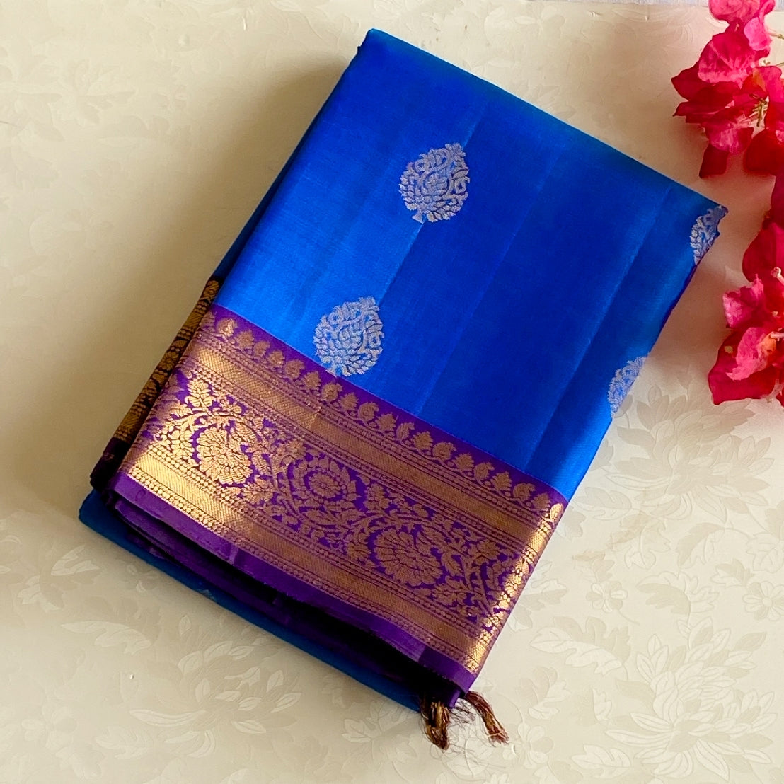Cobalt Blue Silk Saree Royal Purple Zari Pallu And Border