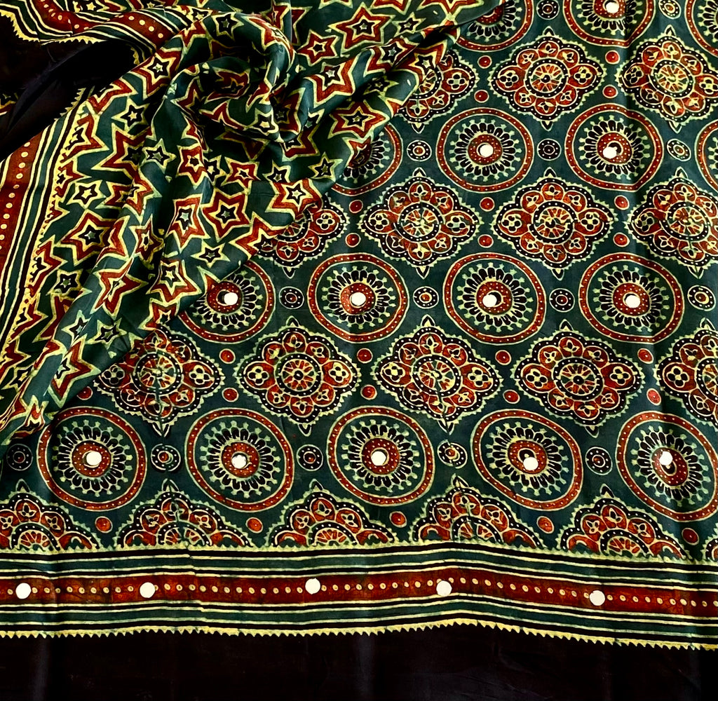 Teal Green Ajrakh Handblock Printed Mirror work Saree With Rust Red Border
