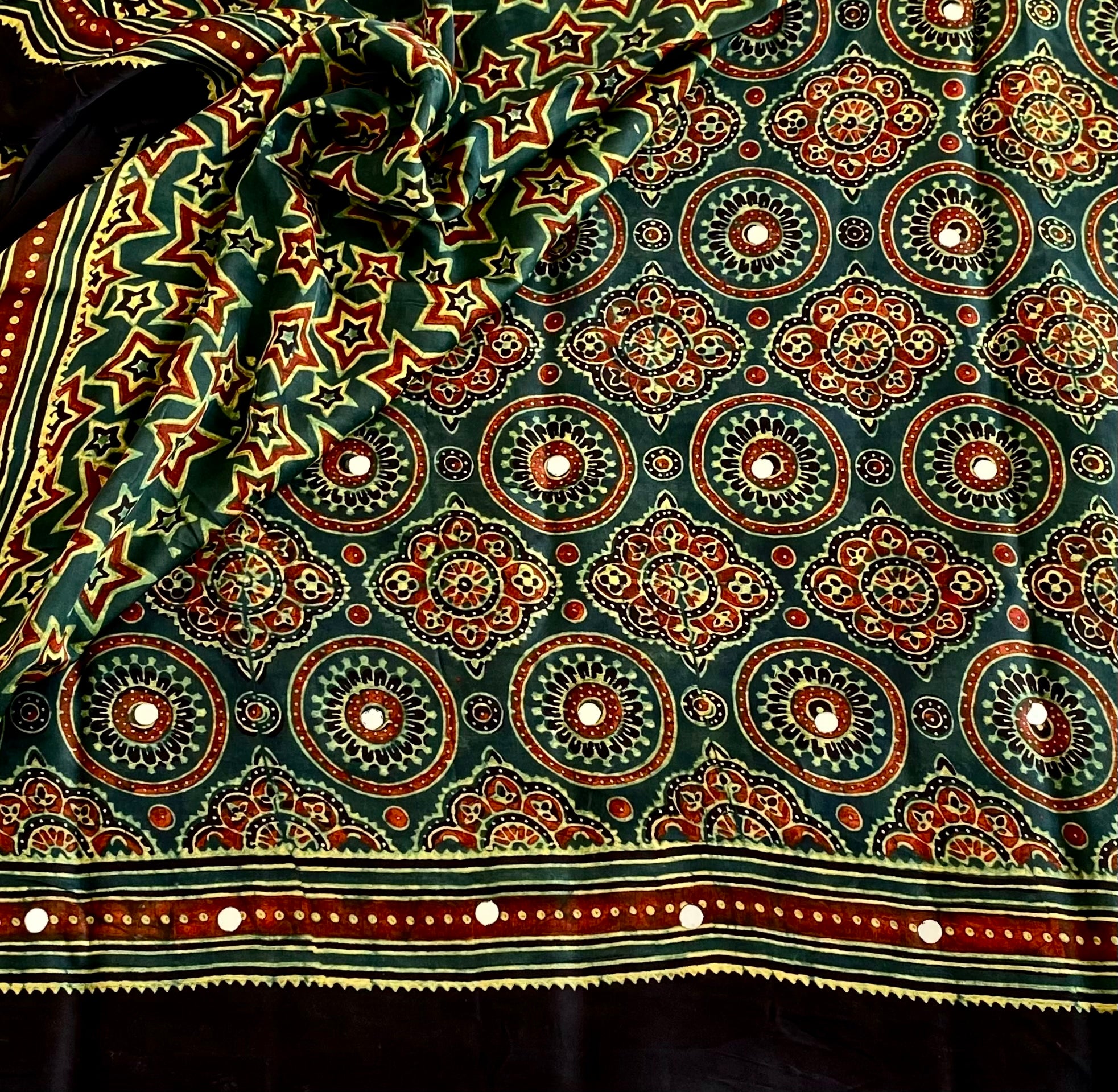 Teal Green Ajrakh Handblock Printed Mirror work Saree With Rust Red Border
