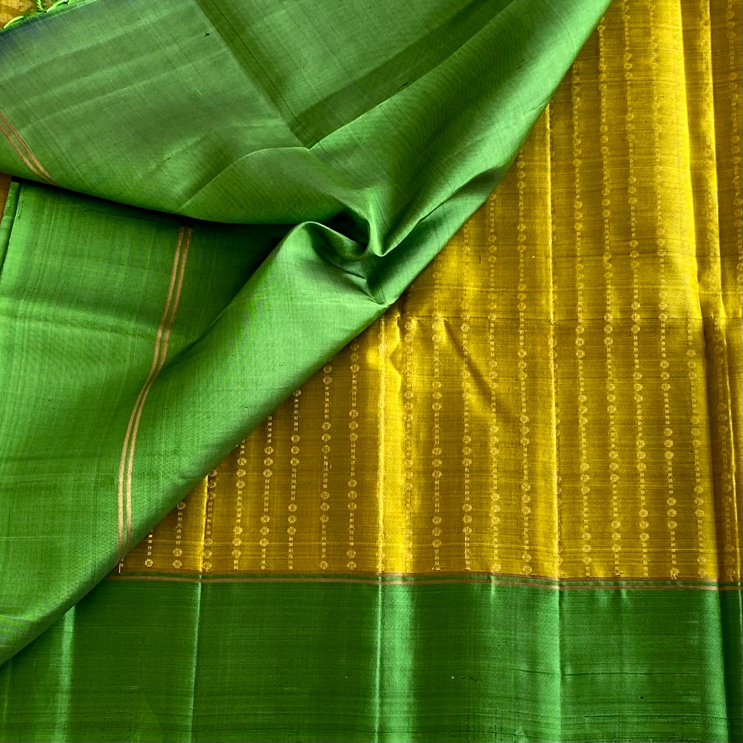 Mustard Yellow Green With Kelly Green Designer Pure Silk