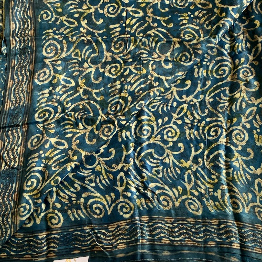 Ajrakh Handblock Printed Silk Saree Teal Blue With Antique Gold