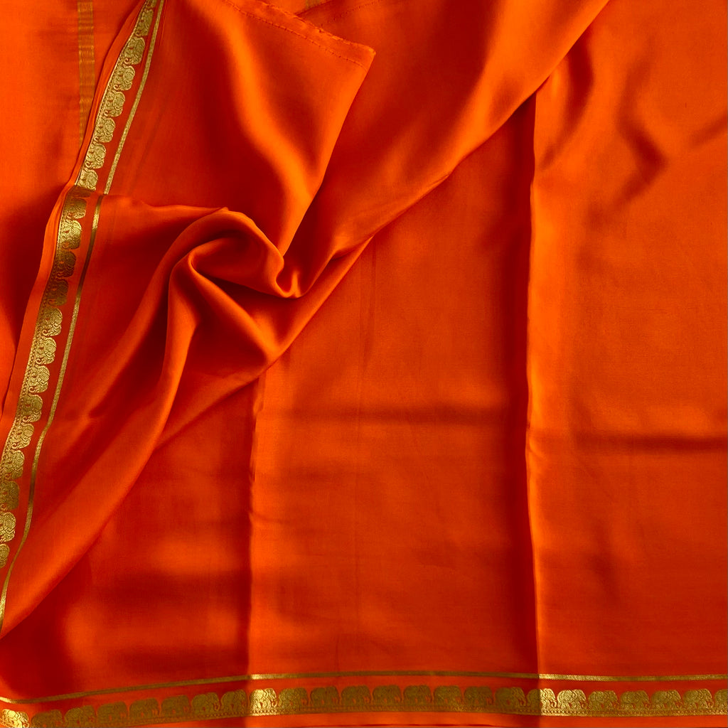 Tangerine Orange Mysore Crepe Silk Saree With Metallic Gold Stripes