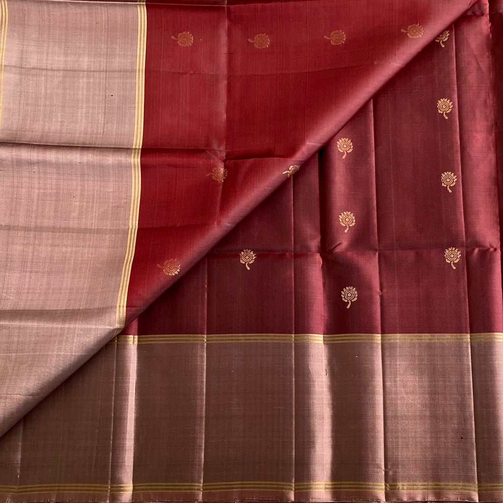 Burgundy Maroon Designer Pure Silk Saree With Metallic Biscuit Brown Pallu
