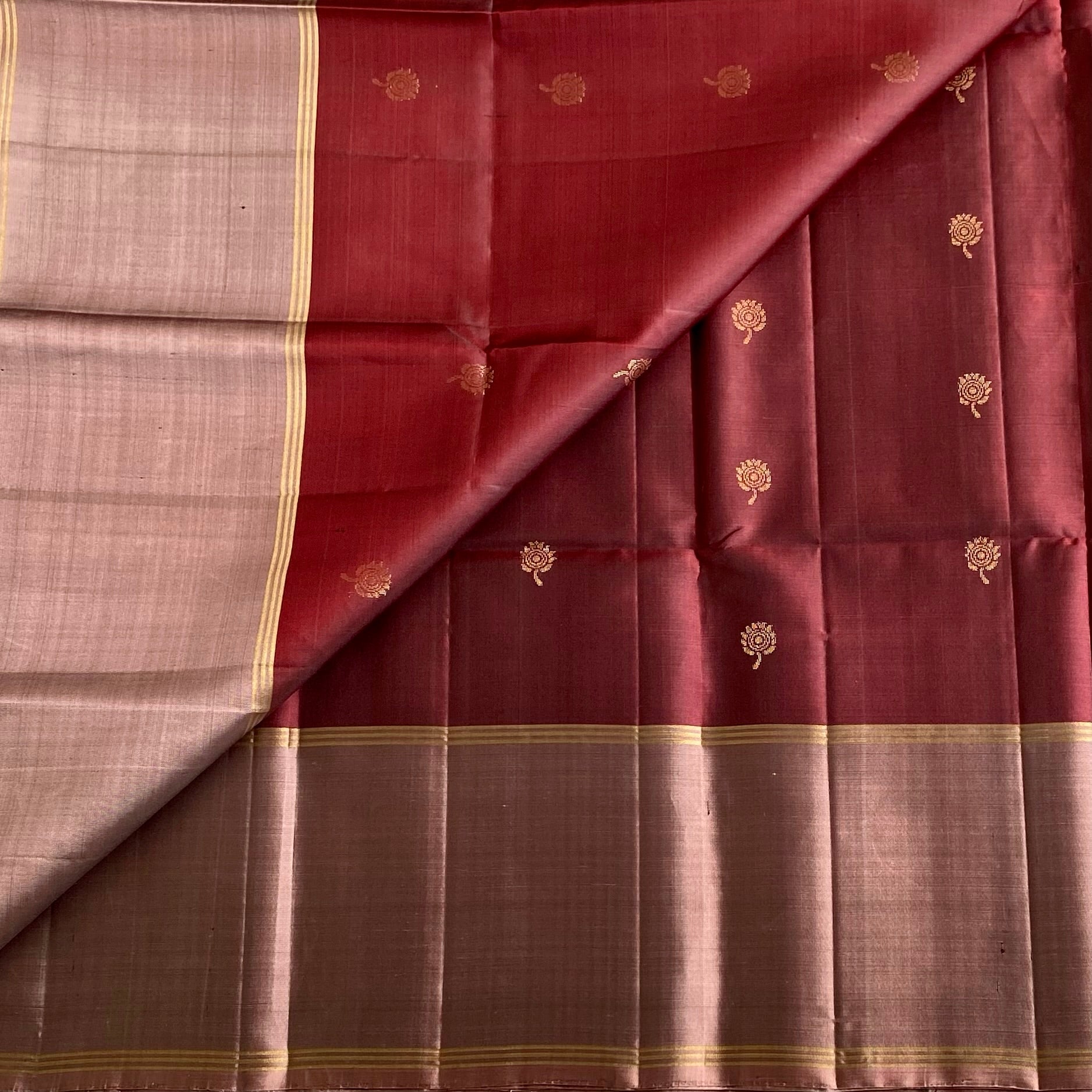 Burgundy Maroon Designer Pure Silk Saree With Metallic Biscuit Brown Pallu