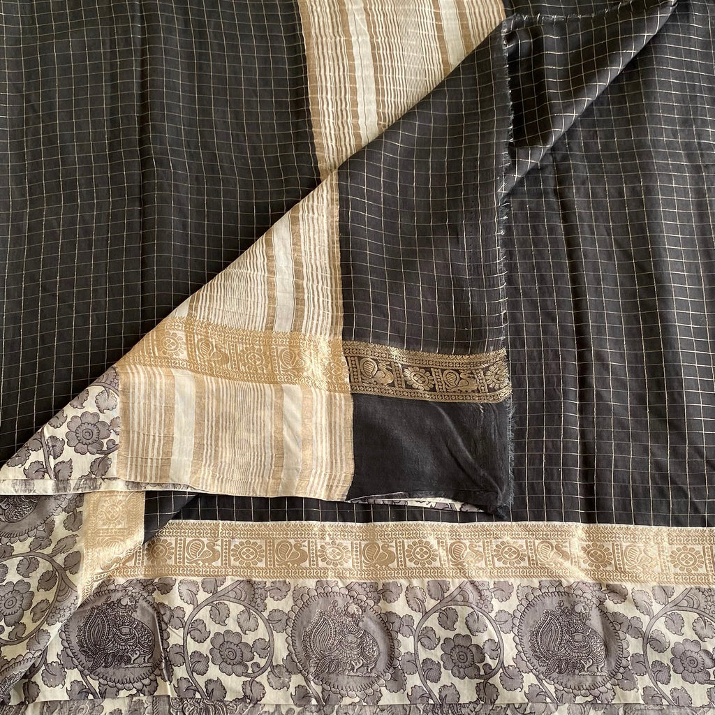 Black Checked Saree Antique Gold Zari Floral Border Traditional Wear