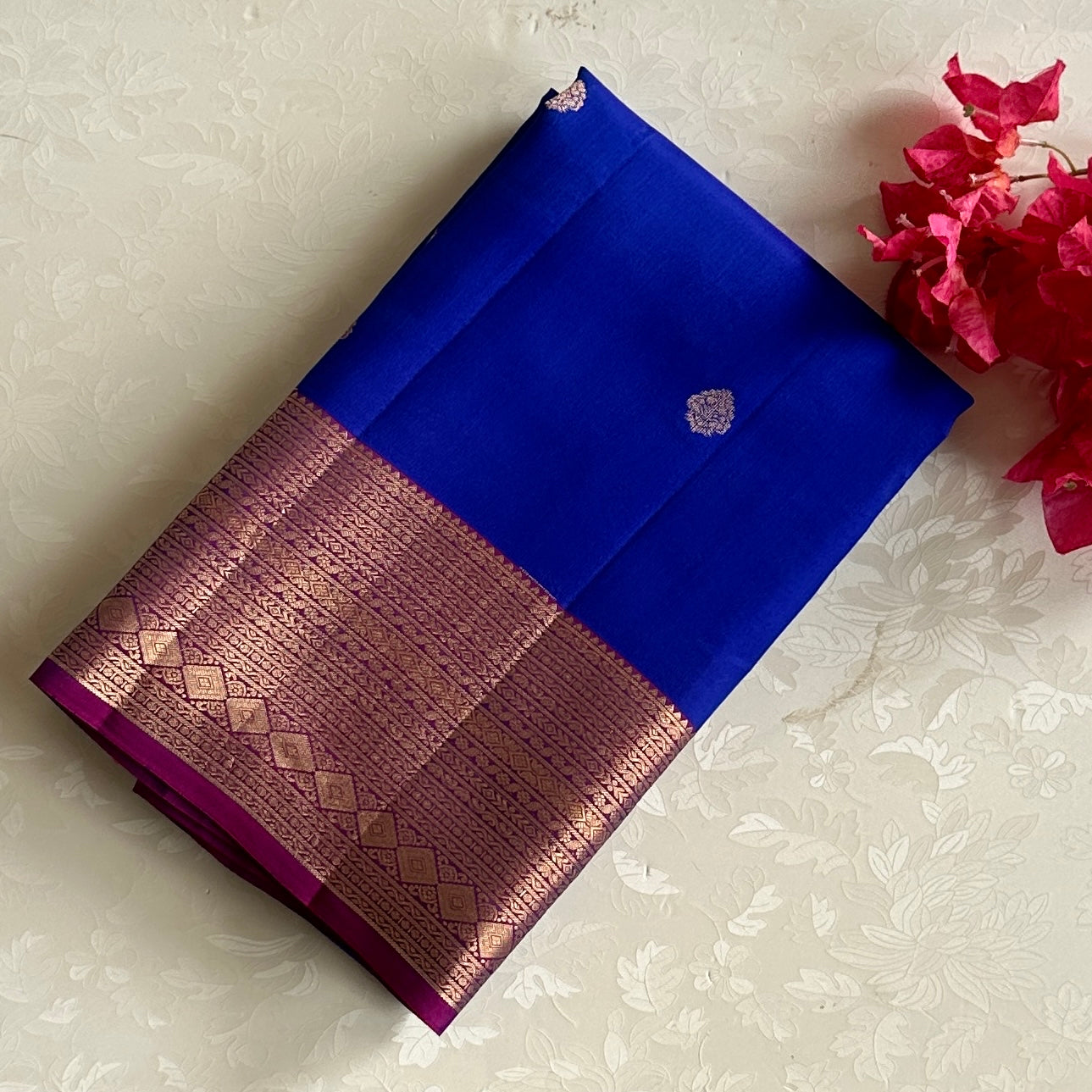 Royal Blue Designer Pure Silk Saree With Magenta Pallu Gold Zari Border
