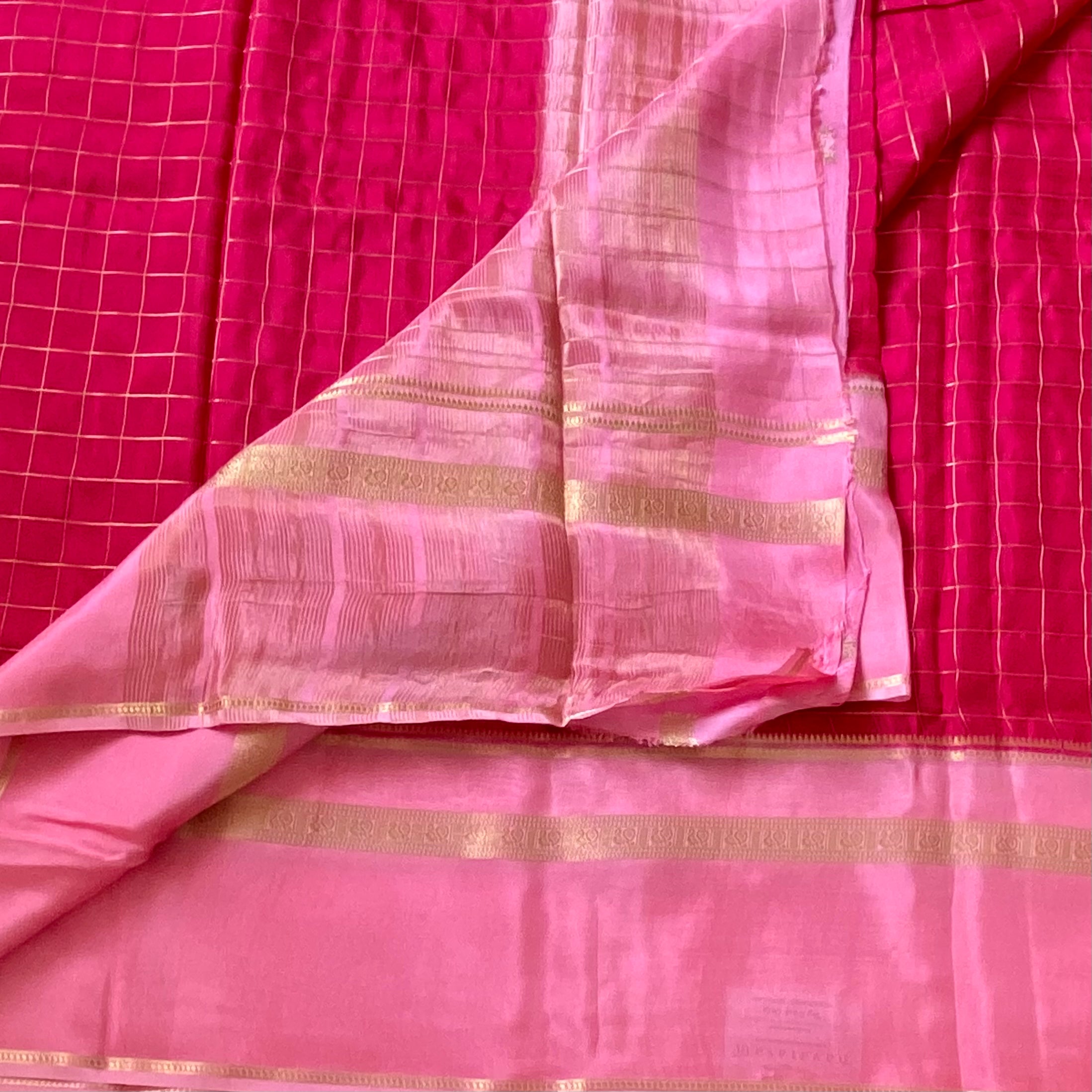 Stunner red with soft rose pink premium crepe silk with checkered work