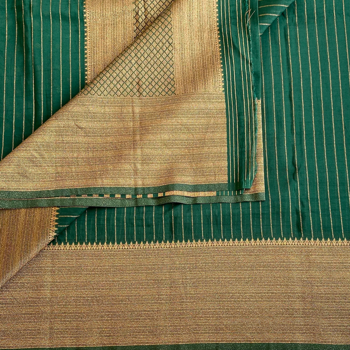 Bottle Green Soft Tussar Silk Saree With Antique Gold Pallu