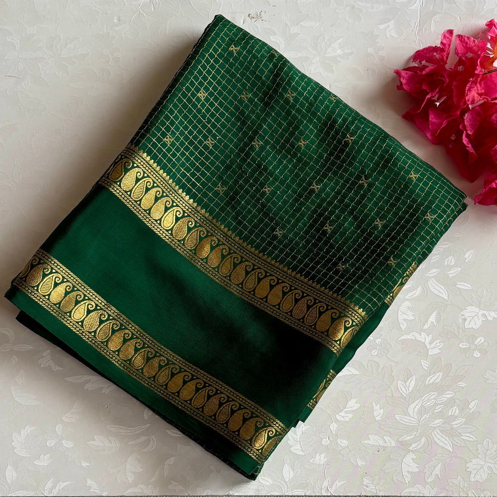 Emerald Green Mysore Crepe Silk Saree With Metallic Gold Paisley Border