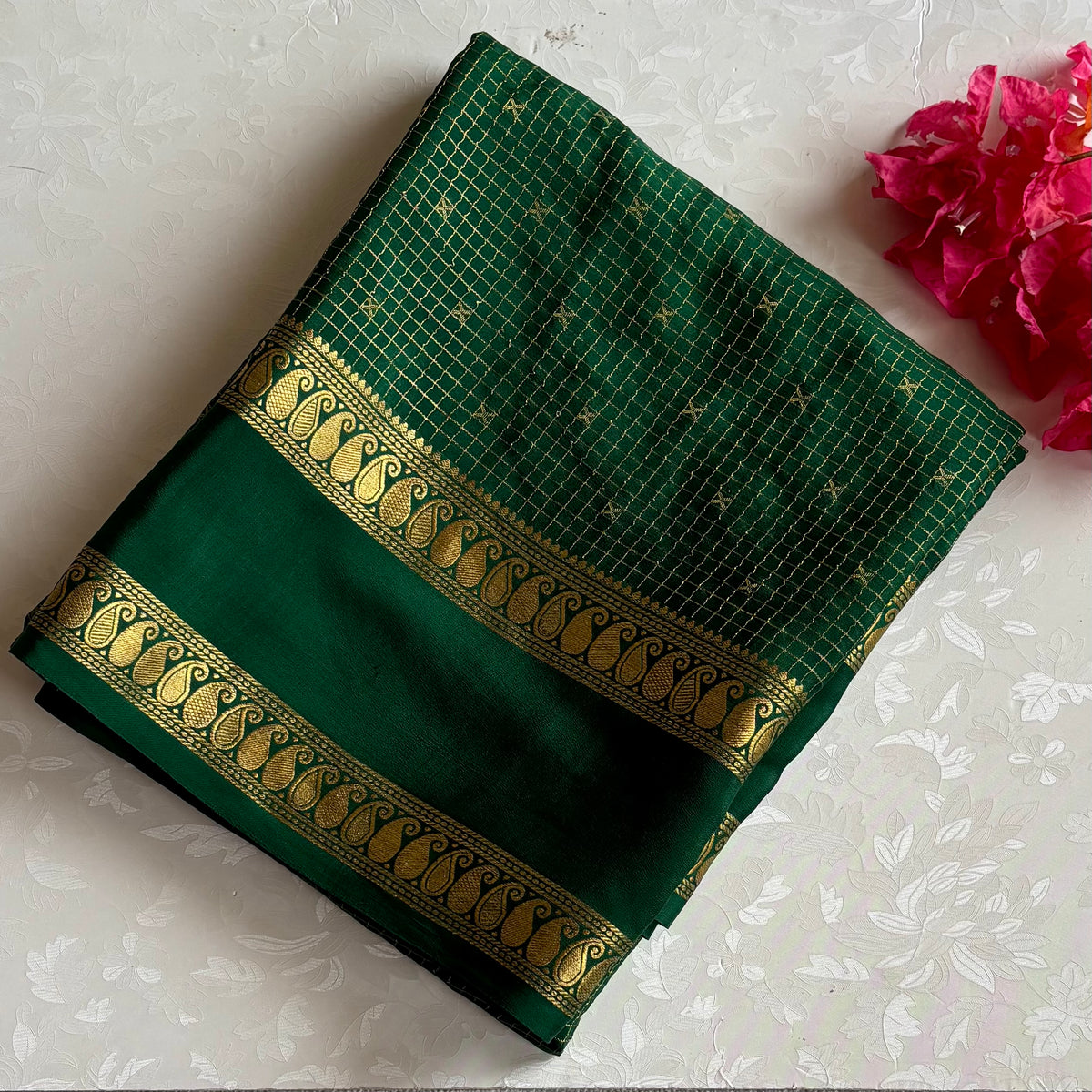 Emerald Green Mysore Crepe Silk Saree With Metallic Gold Paisley Border