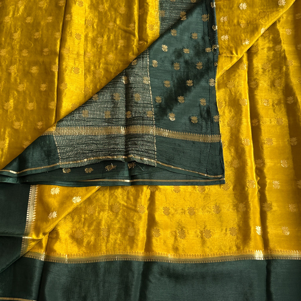 Elegant Mustard Silk Saree with Teal Border Gold Buta Work