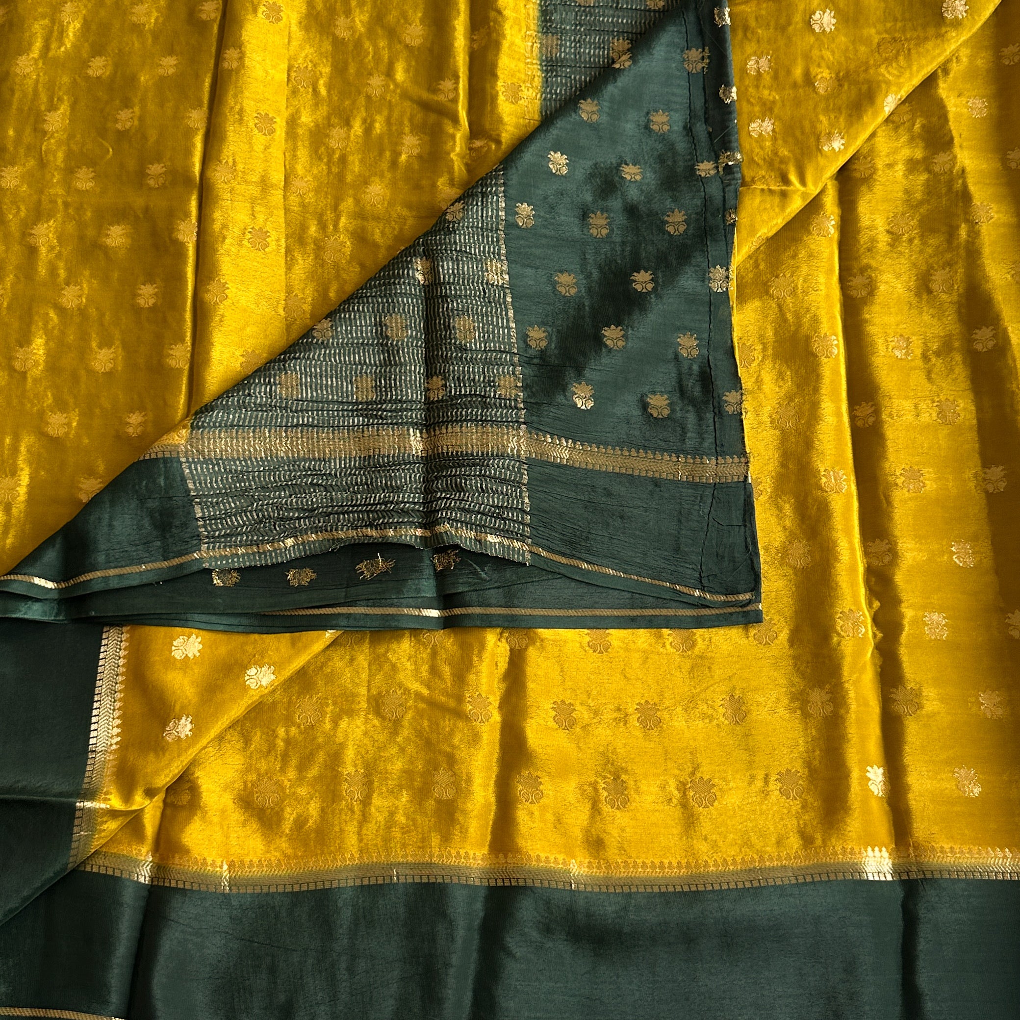 Elegant Mustard Silk Saree with Teal Border Gold Buta Work