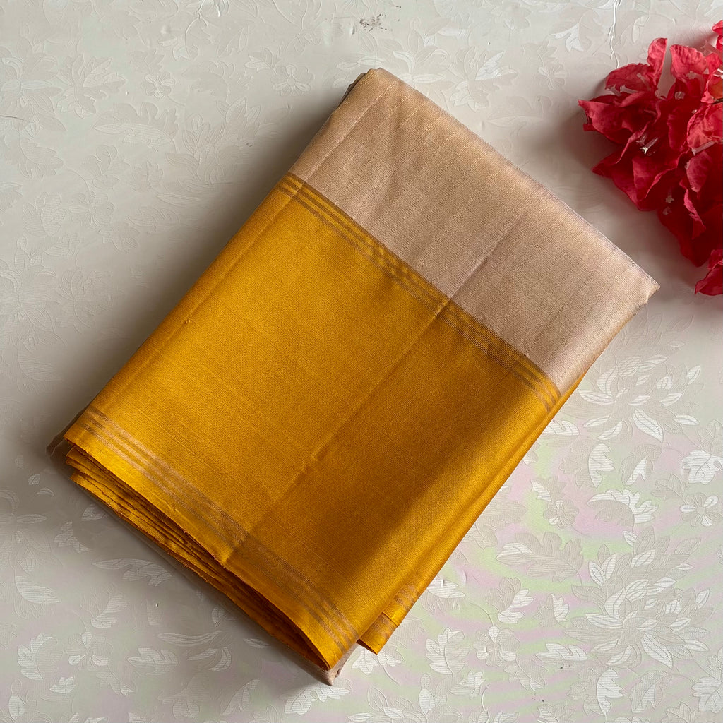 Champagne Beige &  Mustard Yellow Designer Pure Silk Saree