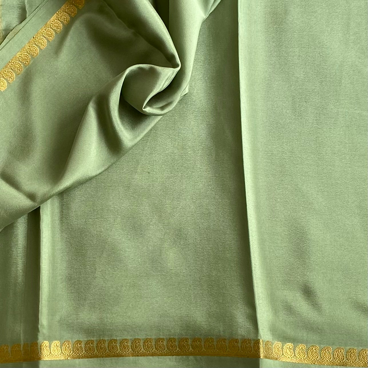Sage Green Mysore Crepe Silk Saree With Metallic Gold Stripes