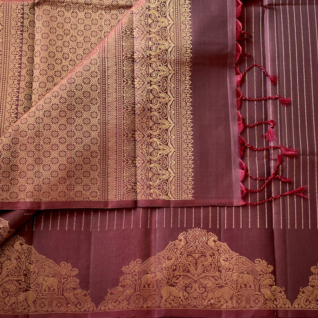 Deep Plum Woven Zari Saree with Temple Border and Tassels