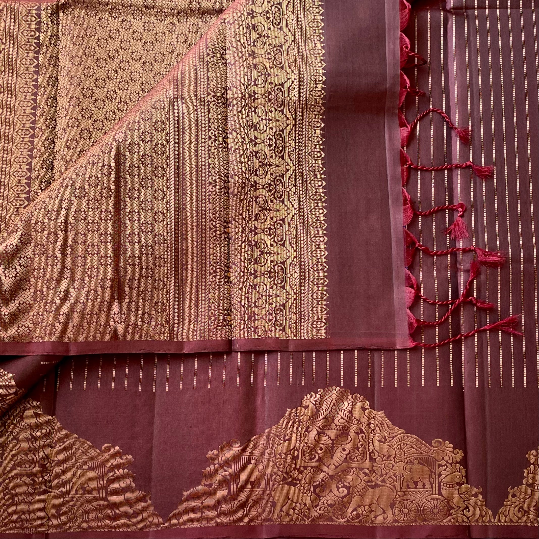 Deep Plum Woven Zari Saree with Temple Border and Tassels