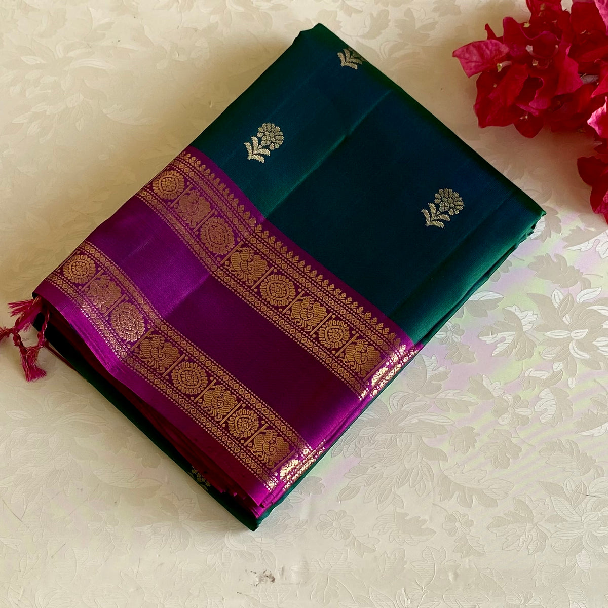 Peacock Green Designer Pure Silk Saree With Magenta Pallu And Gold Zari