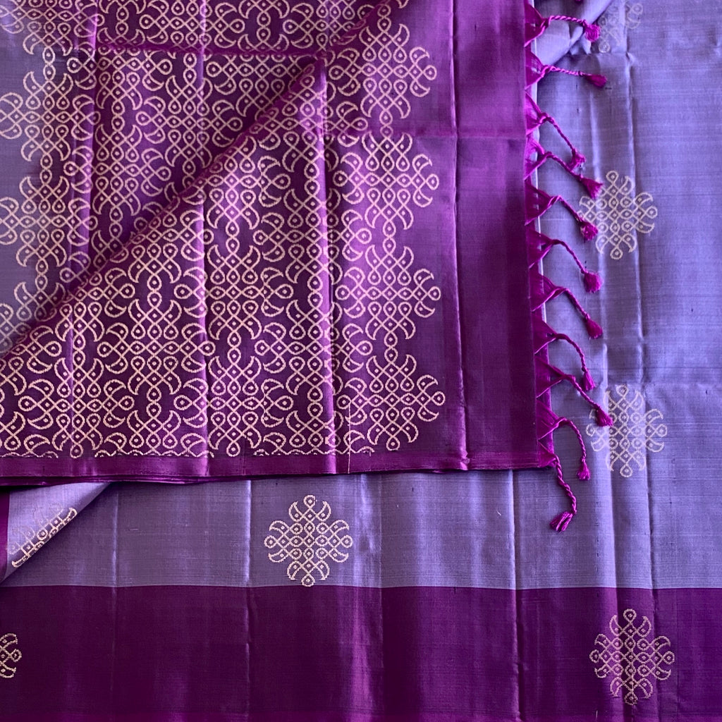Metallic Lavender & Deep Plum Designer Pure Silk With Kollam Zari Buttas