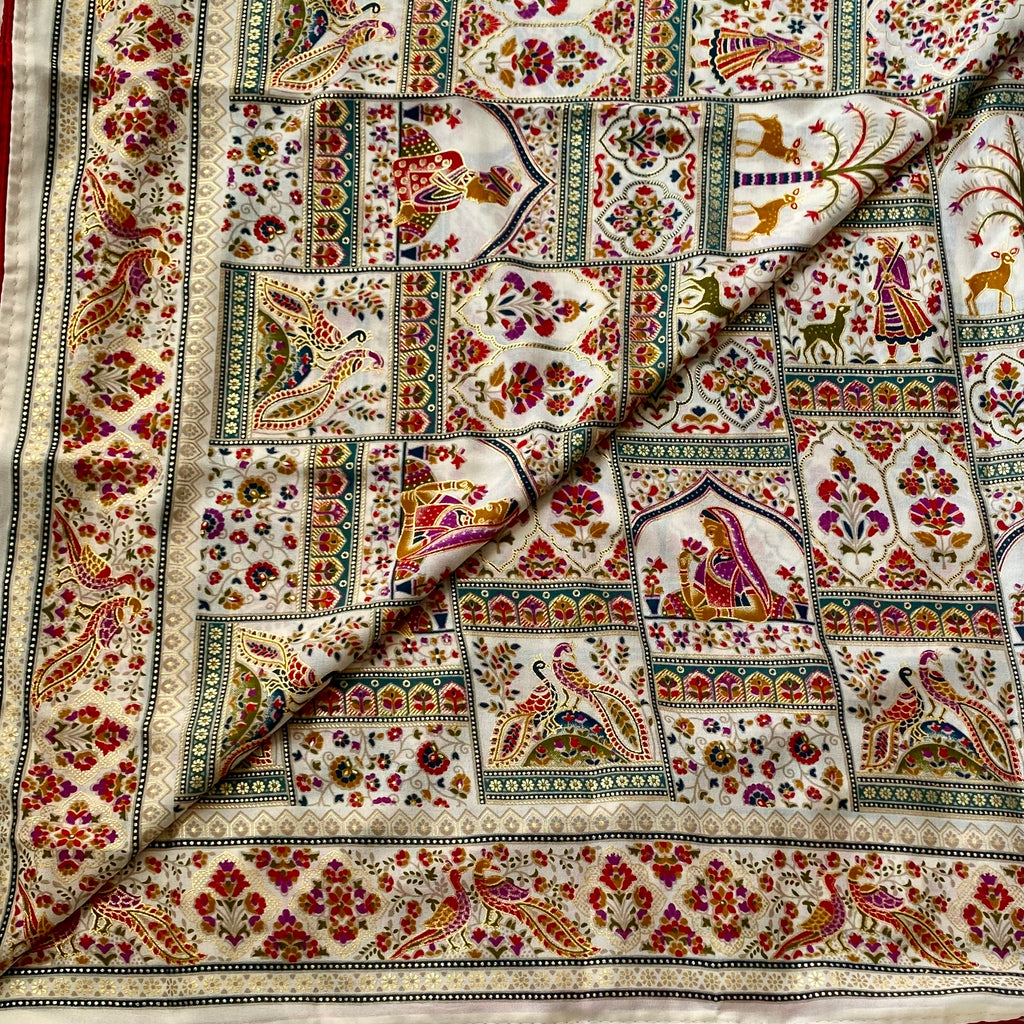 Ivory Paisley Peacock Saree Teal Magenta Gold Traditional Handloom Weave