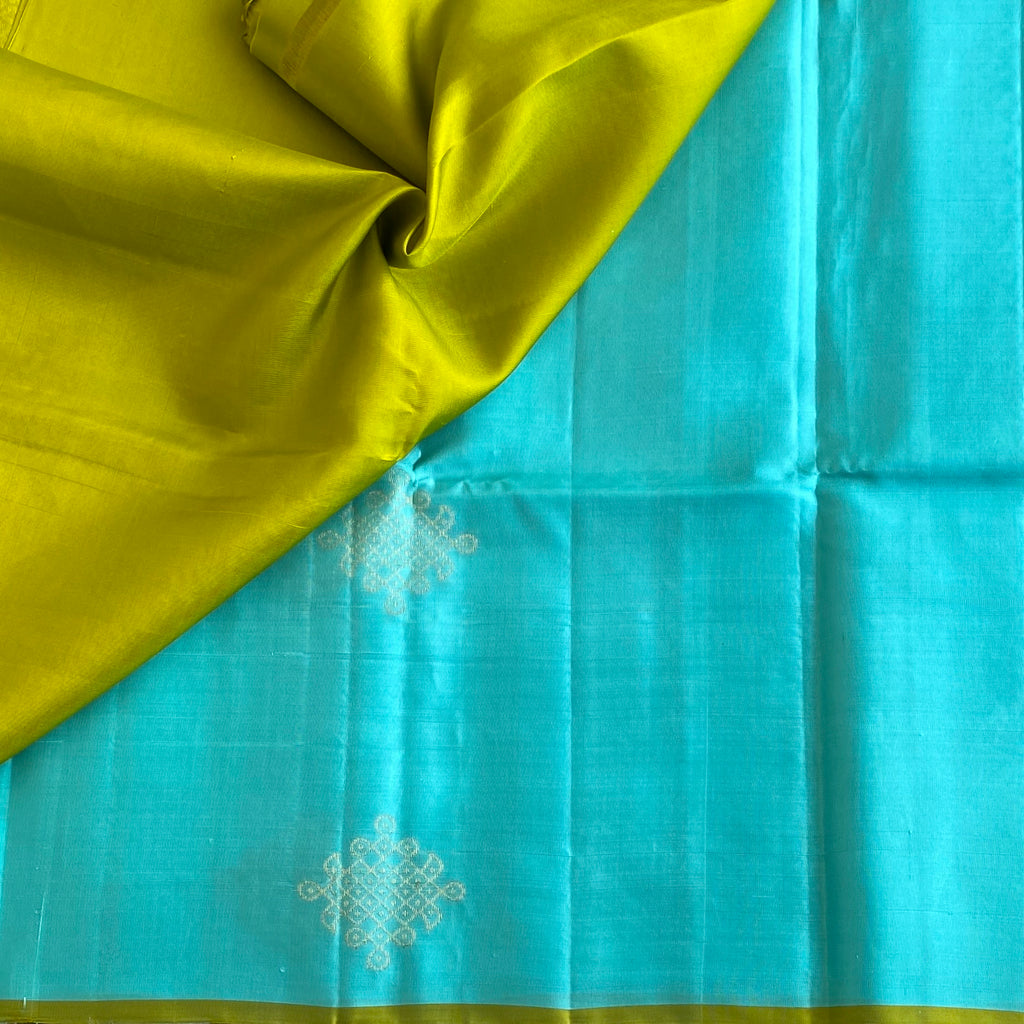Sea Blue Kollam Designer Pure Silk Saree With Lime Green Pallu
