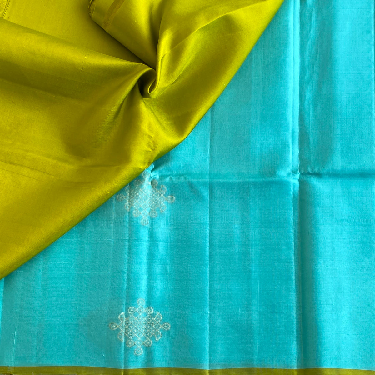 Sea Blue Kollam Designer Pure Silk Saree With Lime Green Pallu