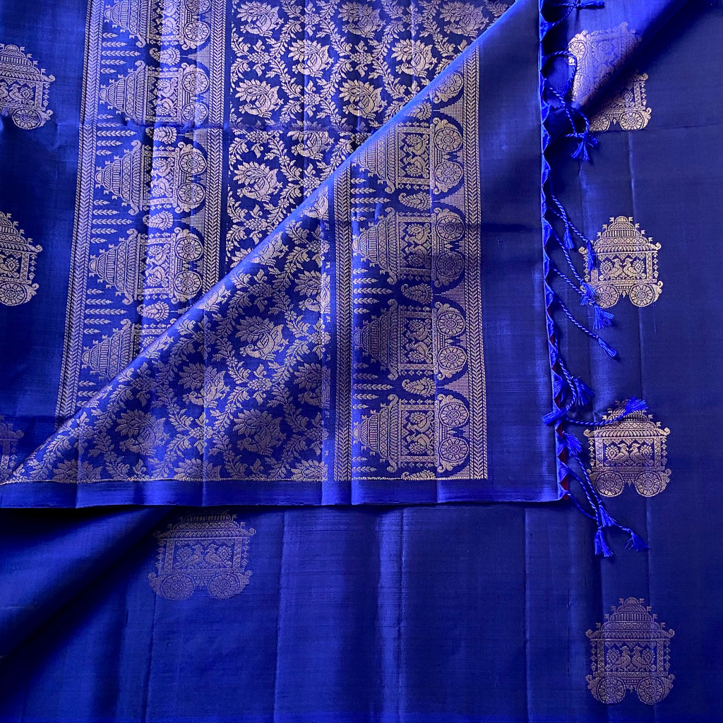 Royal Blue Silk Saree Gold Zari Chariot Floral Brocade Pallu