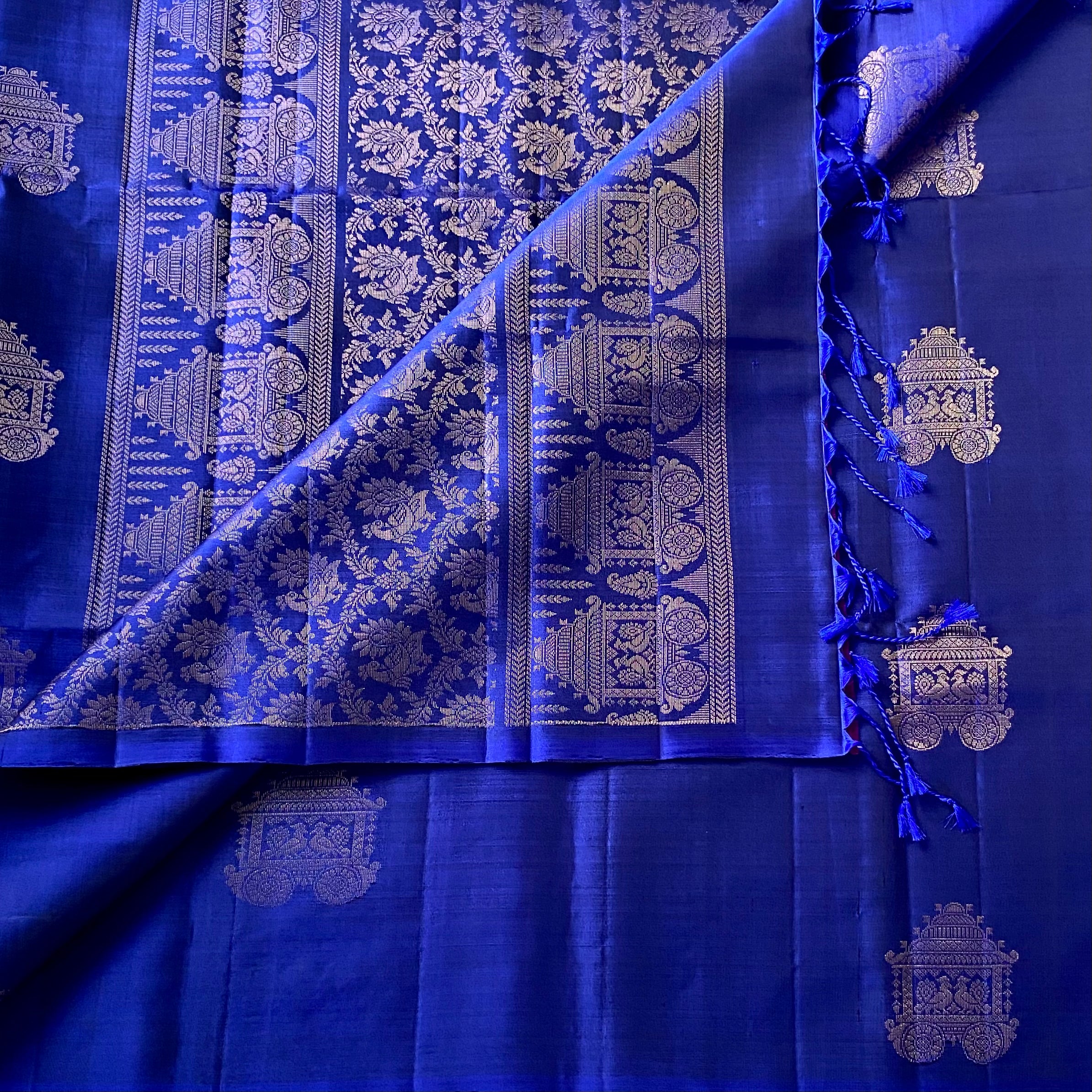 Royal Blue Silk Saree Gold Zari Chariot Floral Brocade Pallu