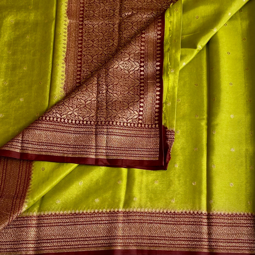 Lime Green Banarasi Crepe Silk Saree With Deep Maroon Pallu