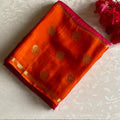 Rani Pink Soft Crepe Silk with Peacock Borders in Sunset Orange Contrast