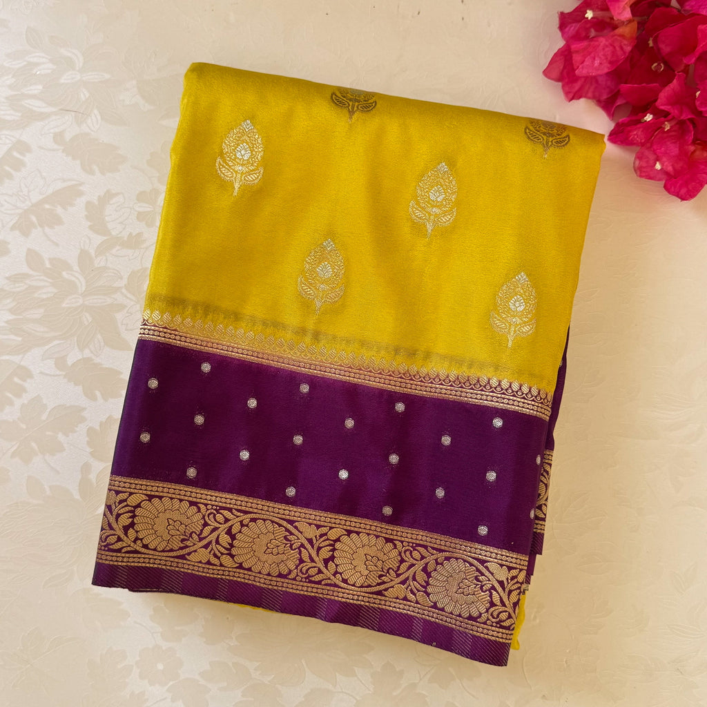 Lemon Yellow Banarasi Silk Saree with Royal Purple Zari Pallu