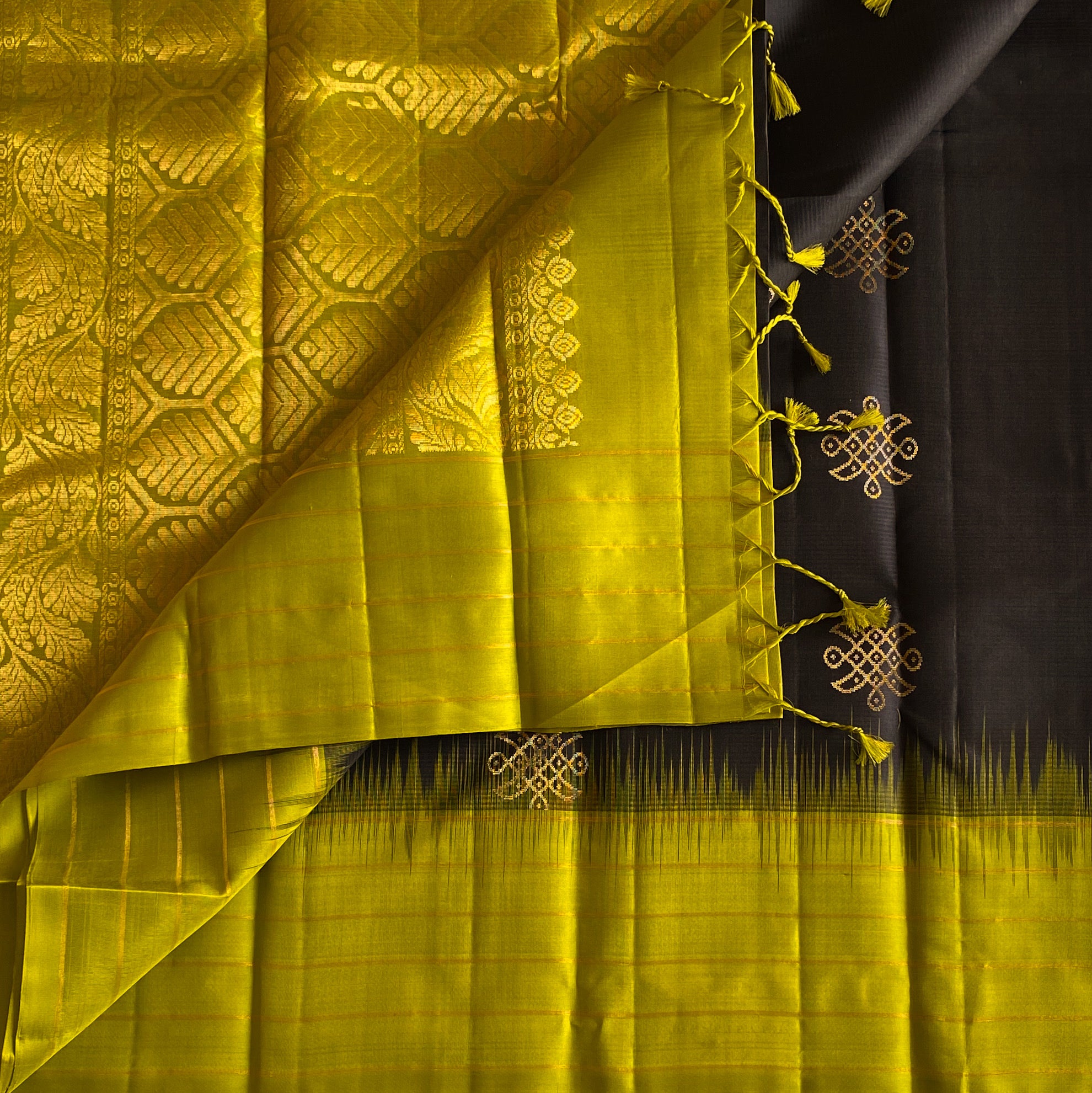 Vintage Black With Chartreuse Olive Designer Handwoven Pure Silk